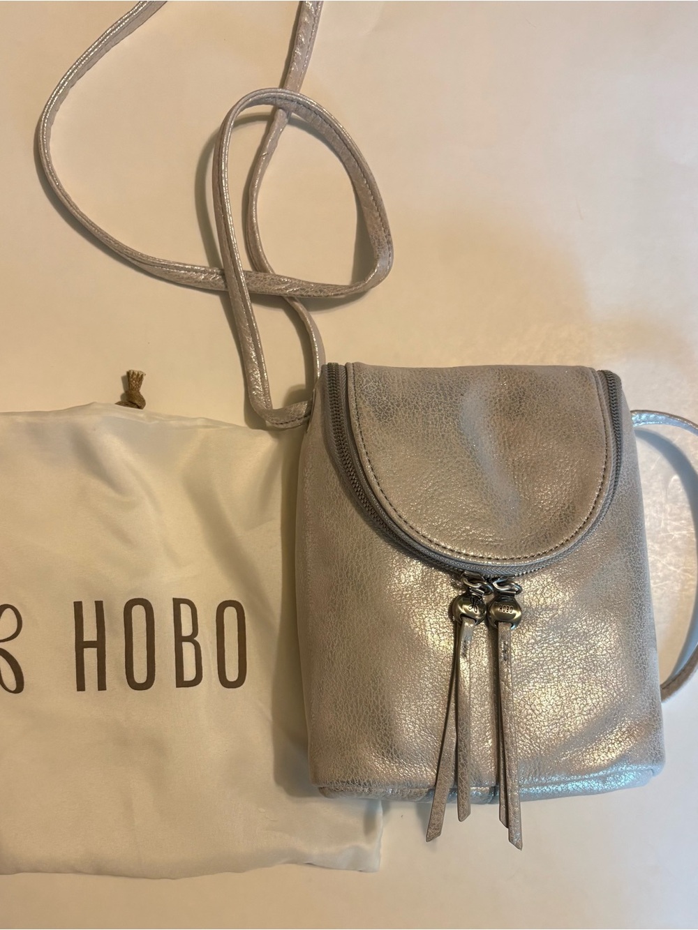 HOBO Metallic Silver Crossbody Leather Phone Bag